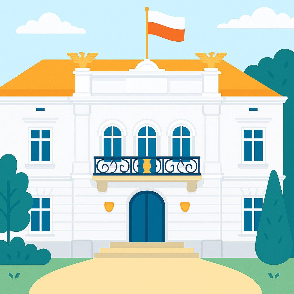 Ilustracja budynku starostwa powiatowego w Pszczynie z polską flagą – symbol załatwienia formalności urzędowych przez OgarnęTO.
